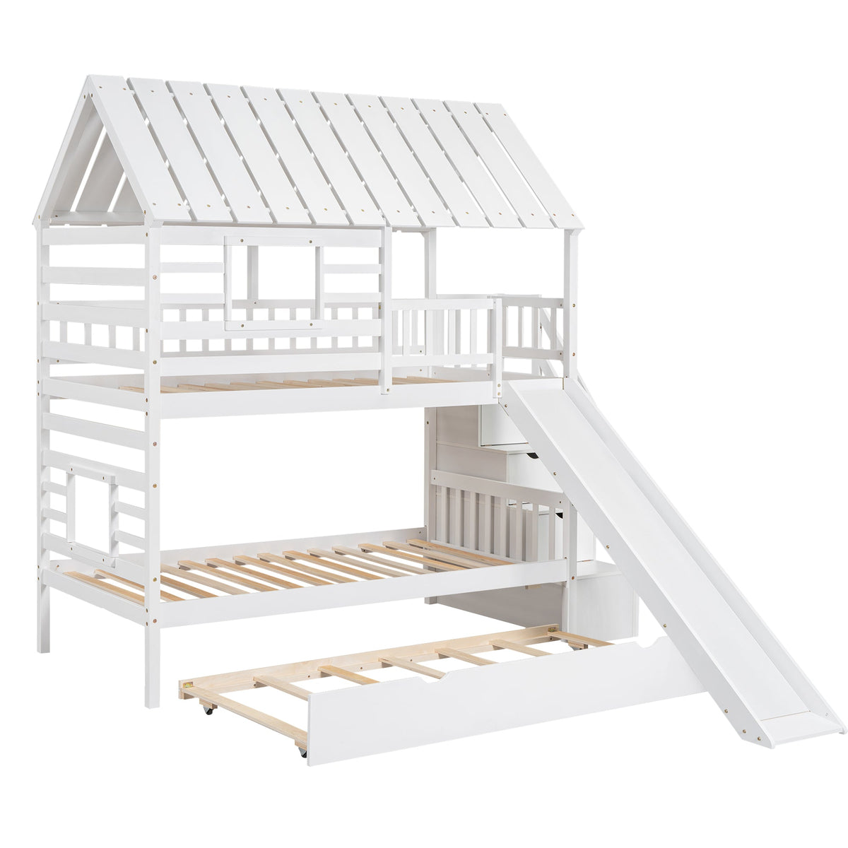 Twin Over Twin Bunk Bed with Slide & Storage Stairs
