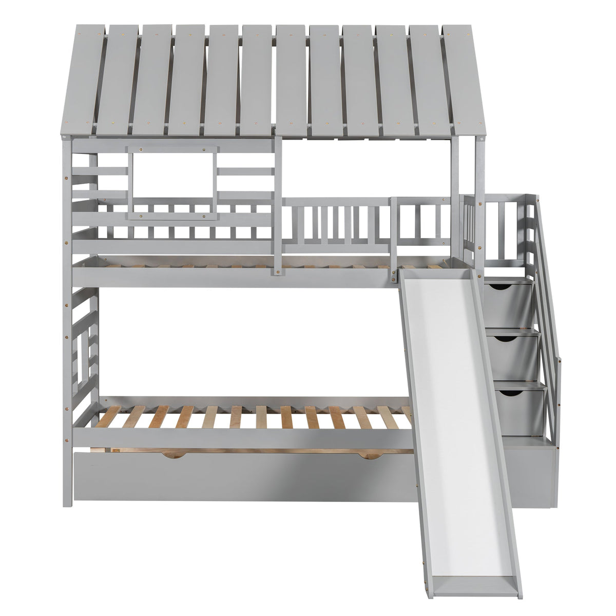 Twin Over Twin Bunk Bed with Slide and Trundle, Gray