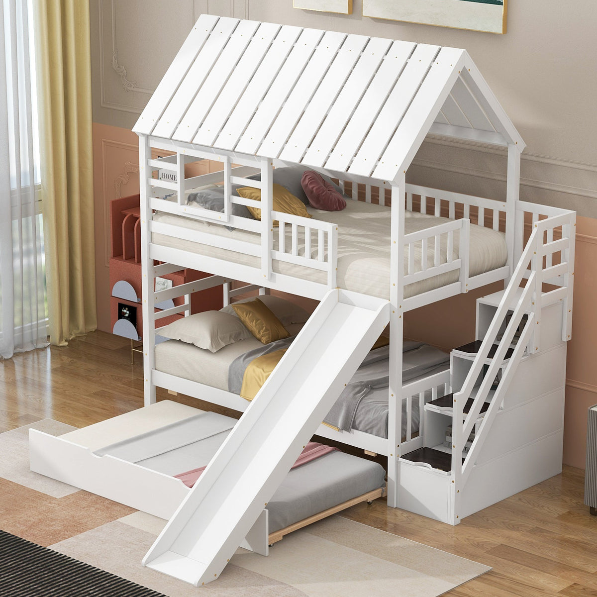 Twin Over Twin Bunk Bed with Slide & Storage Stairs