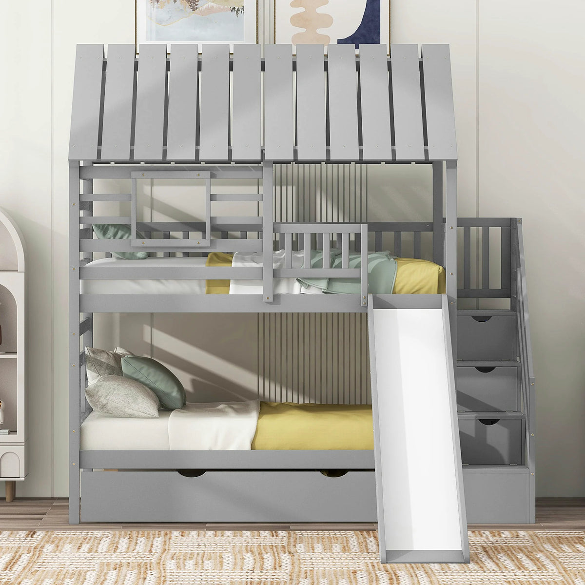 Twin Over Twin Bunk Bed with Slide and Trundle, Gray
