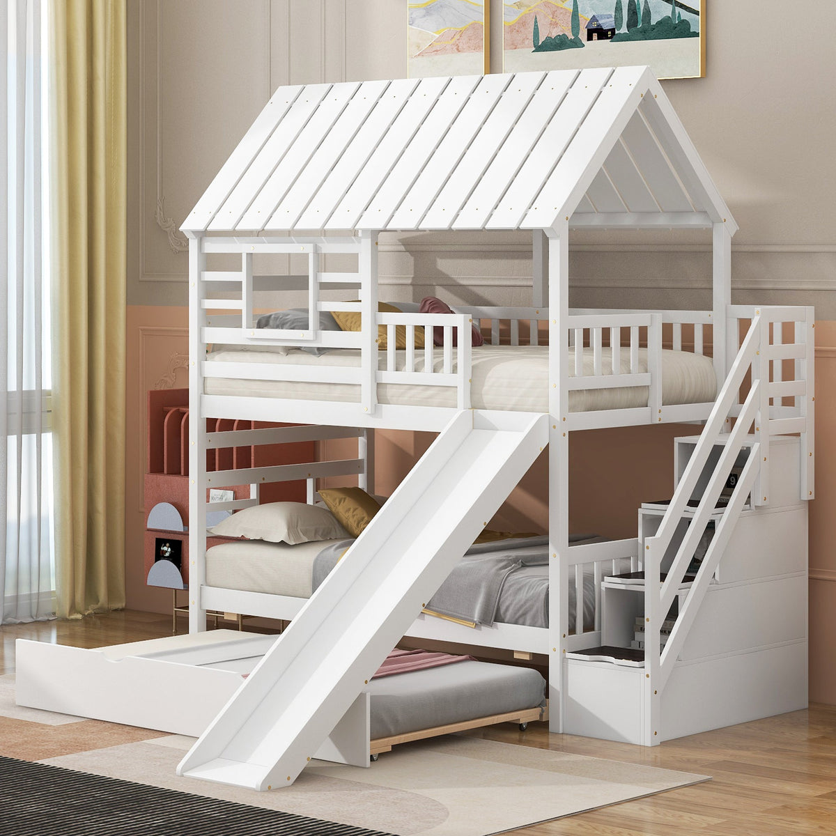Twin Over Twin Bunk Bed with Slide & Storage Stairs