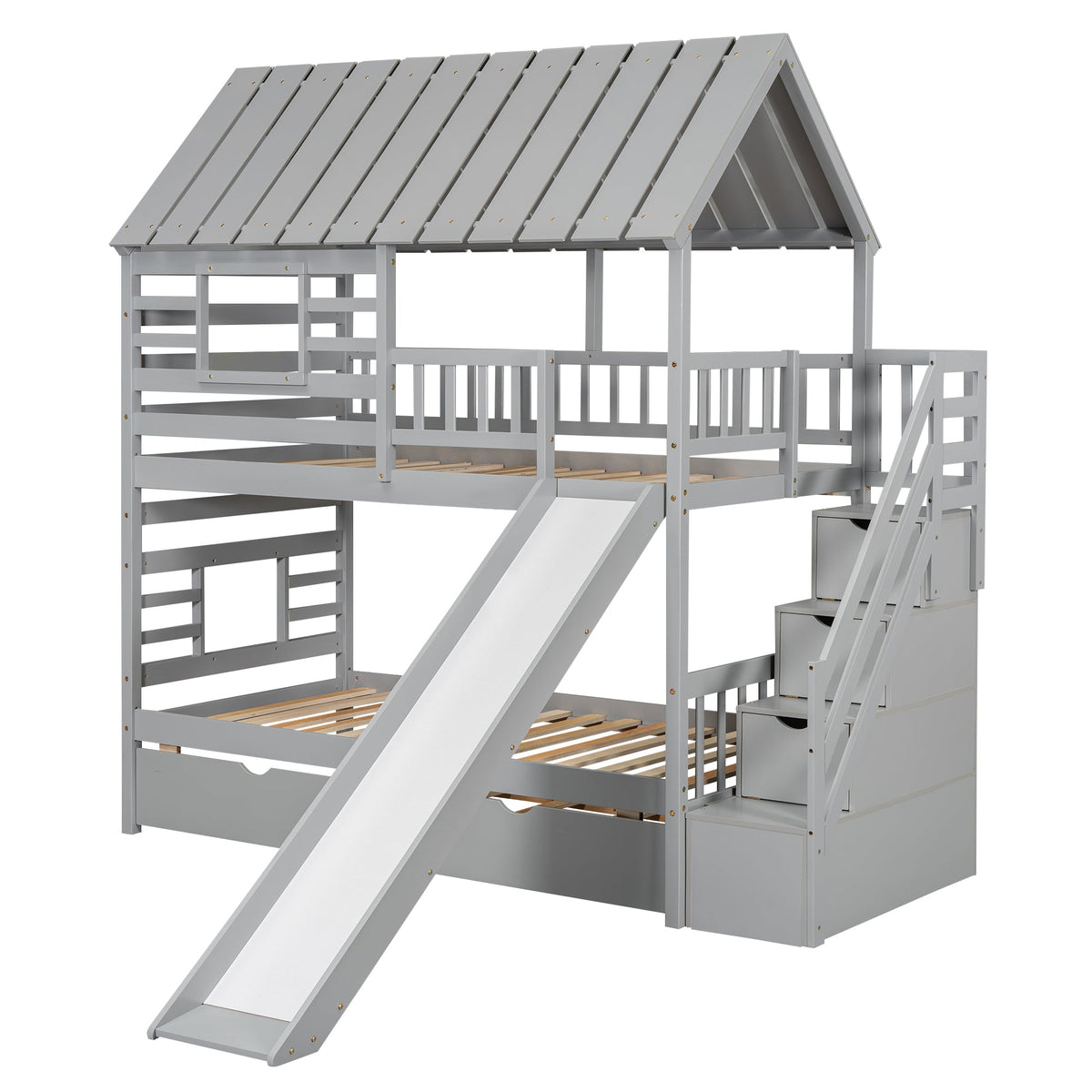 Twin Over Twin Bunk Bed with Slide and Trundle, Gray