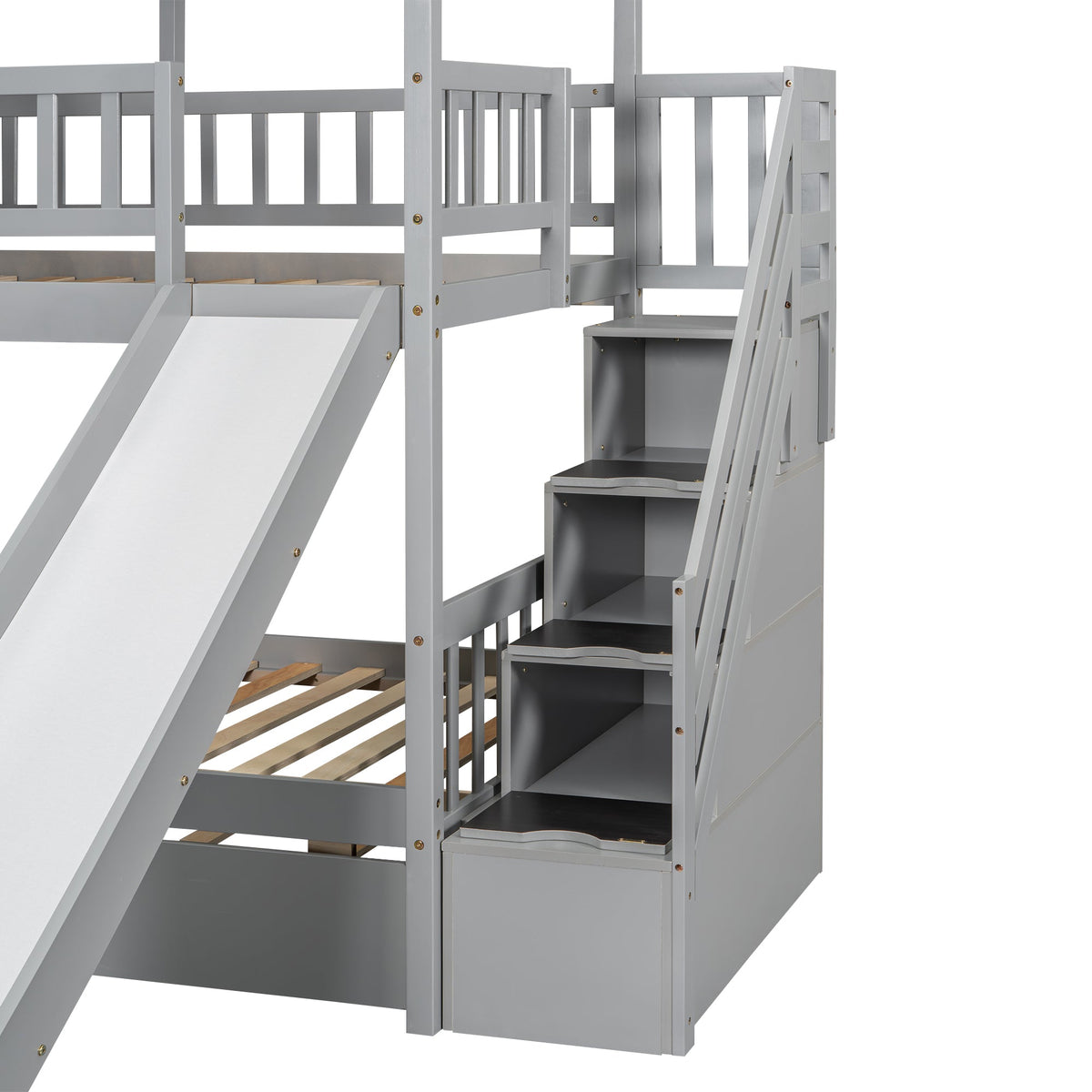 Twin Over Twin Bunk Bed with Slide and Trundle, Gray