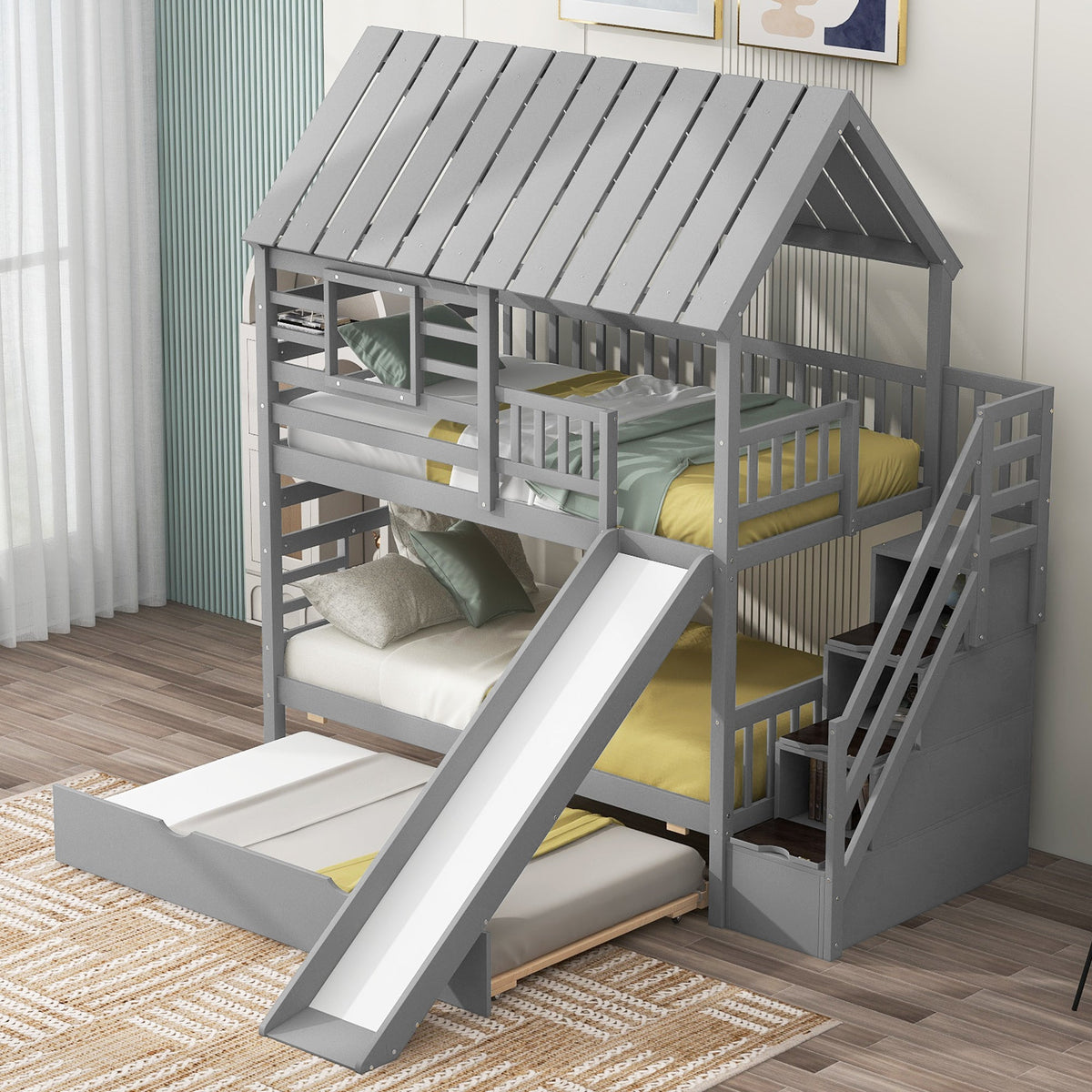 Twin Over Twin Bunk Bed with Slide and Trundle, Gray