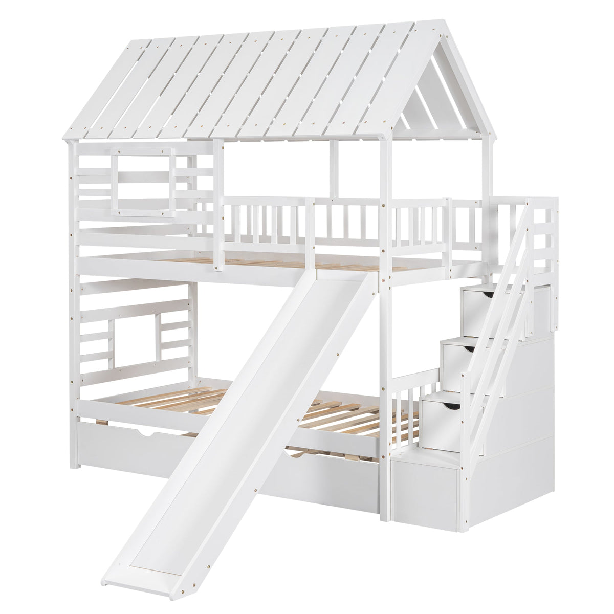 Twin Over Twin Bunk Bed with Slide & Storage Stairs