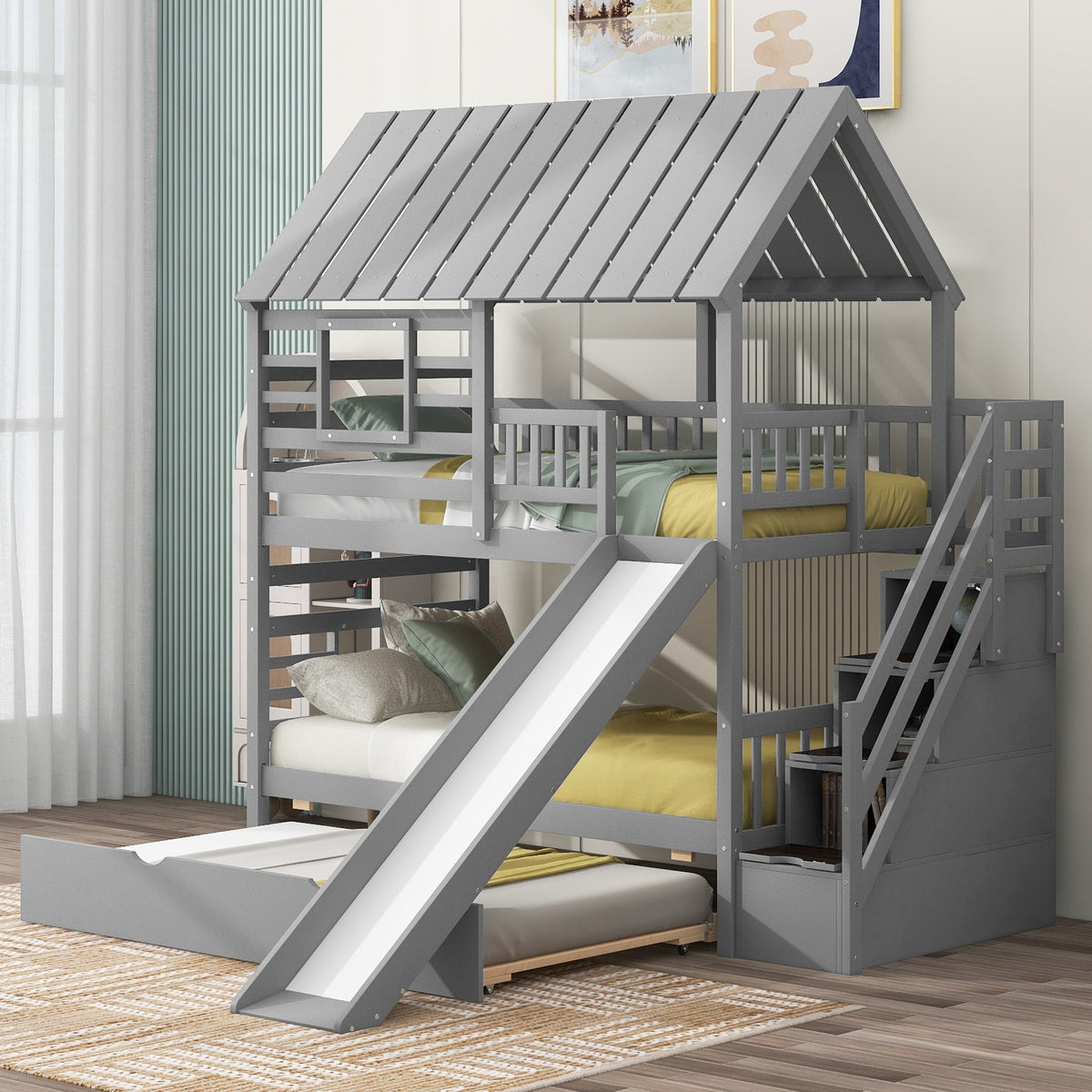 Twin Over Twin Bunk Bed with Slide and Trundle, Gray