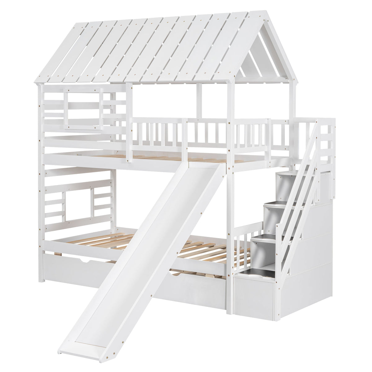 Twin Over Twin Bunk Bed with Slide & Storage Stairs