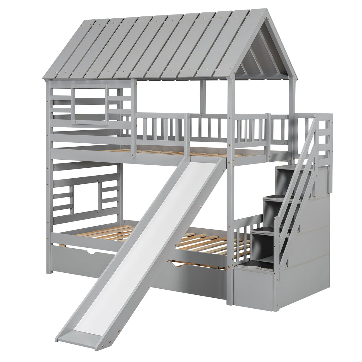 Twin Over Twin Bunk Bed with Slide and Trundle, Gray