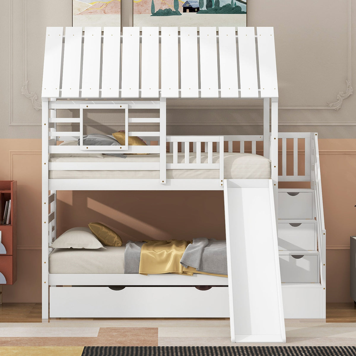 Twin Over Twin Bunk Bed with Slide & Storage Stairs