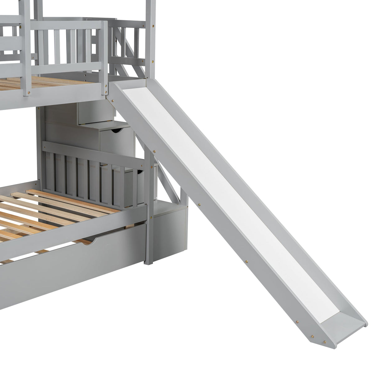 Twin Over Twin Bunk Bed with Slide and Trundle, Gray