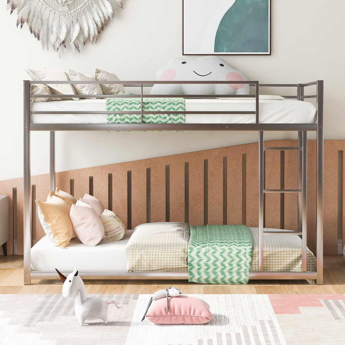 Twin Over Twin Metal Bunk Bed with Ladder & Guard Rails