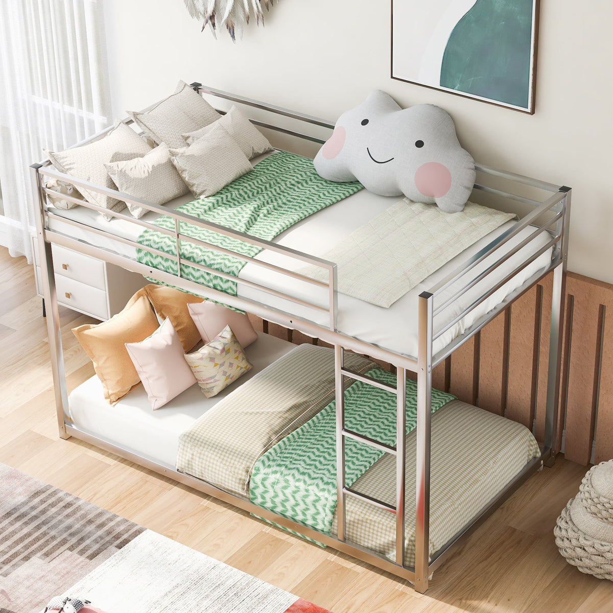 Twin Over Twin Metal Bunk Bed with Ladder & Guard Rails