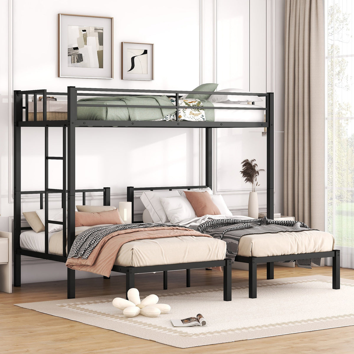 Triple Bunk Bed for 3: Twin XL Over Twin Metal Frame