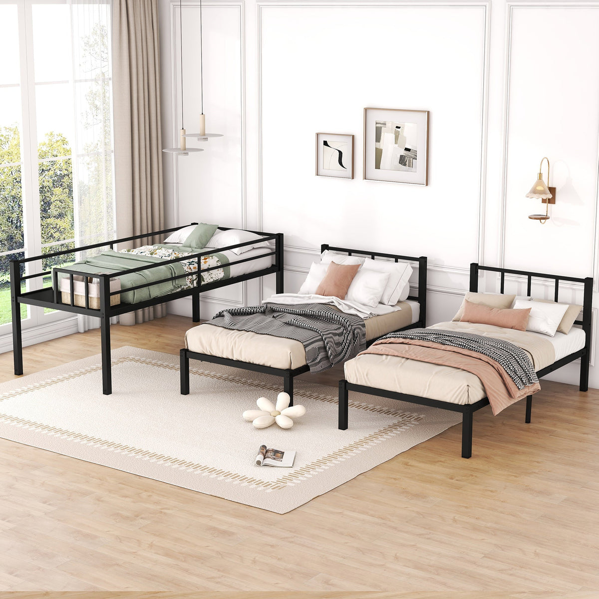 Triple Bunk Bed for 3: Twin XL Over Twin Metal Frame