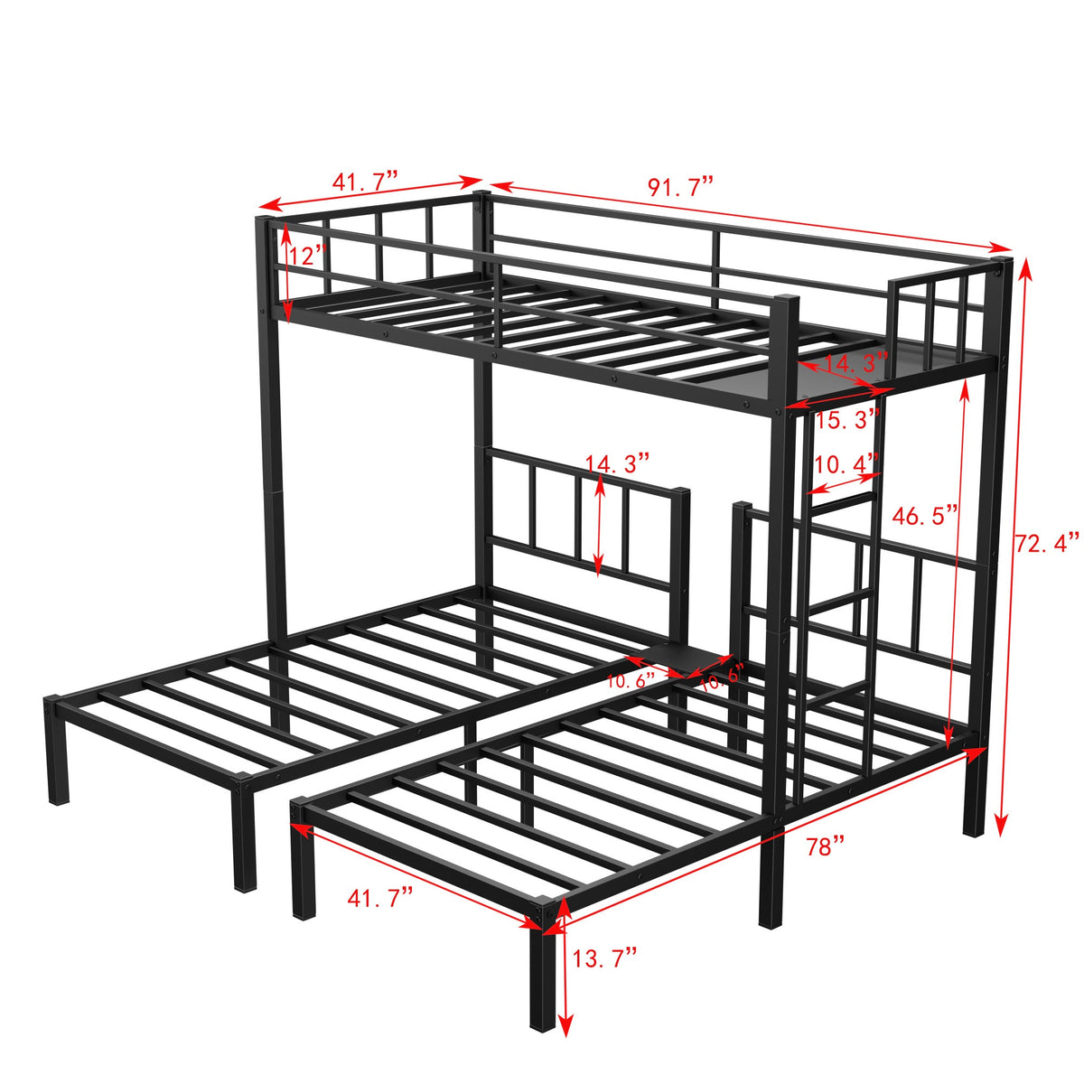 Triple Bunk Bed for 3: Twin XL Over Twin Metal Frame