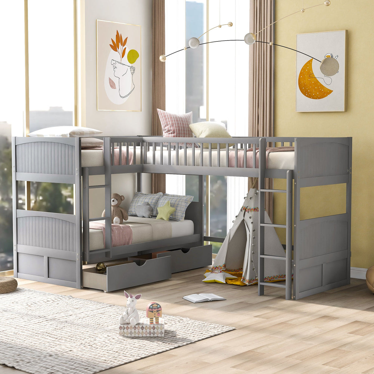 Gray Twin Bunk Bed with Loft and Under-Bed Drawers