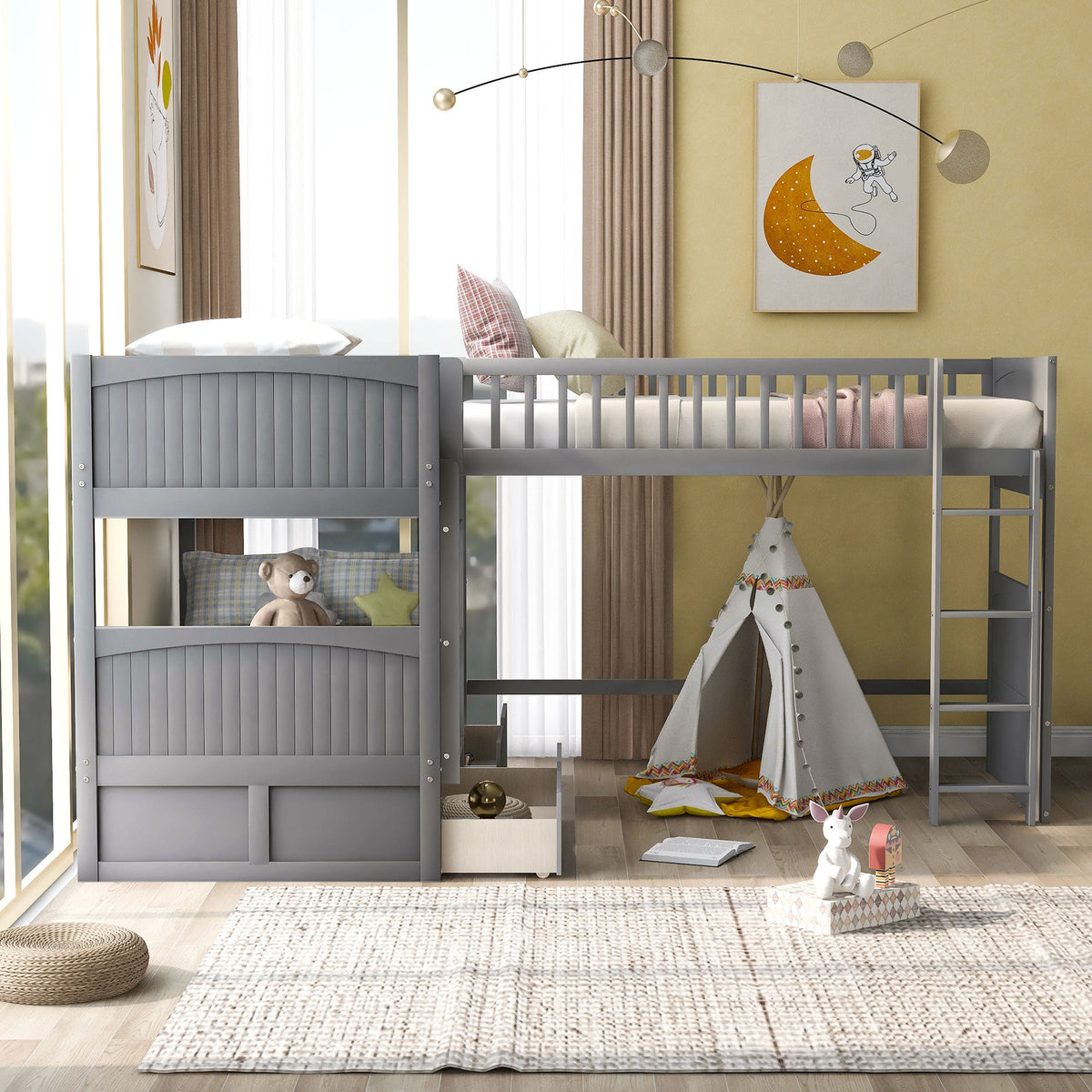 Gray Twin Bunk Bed with Loft and Under-Bed Drawers