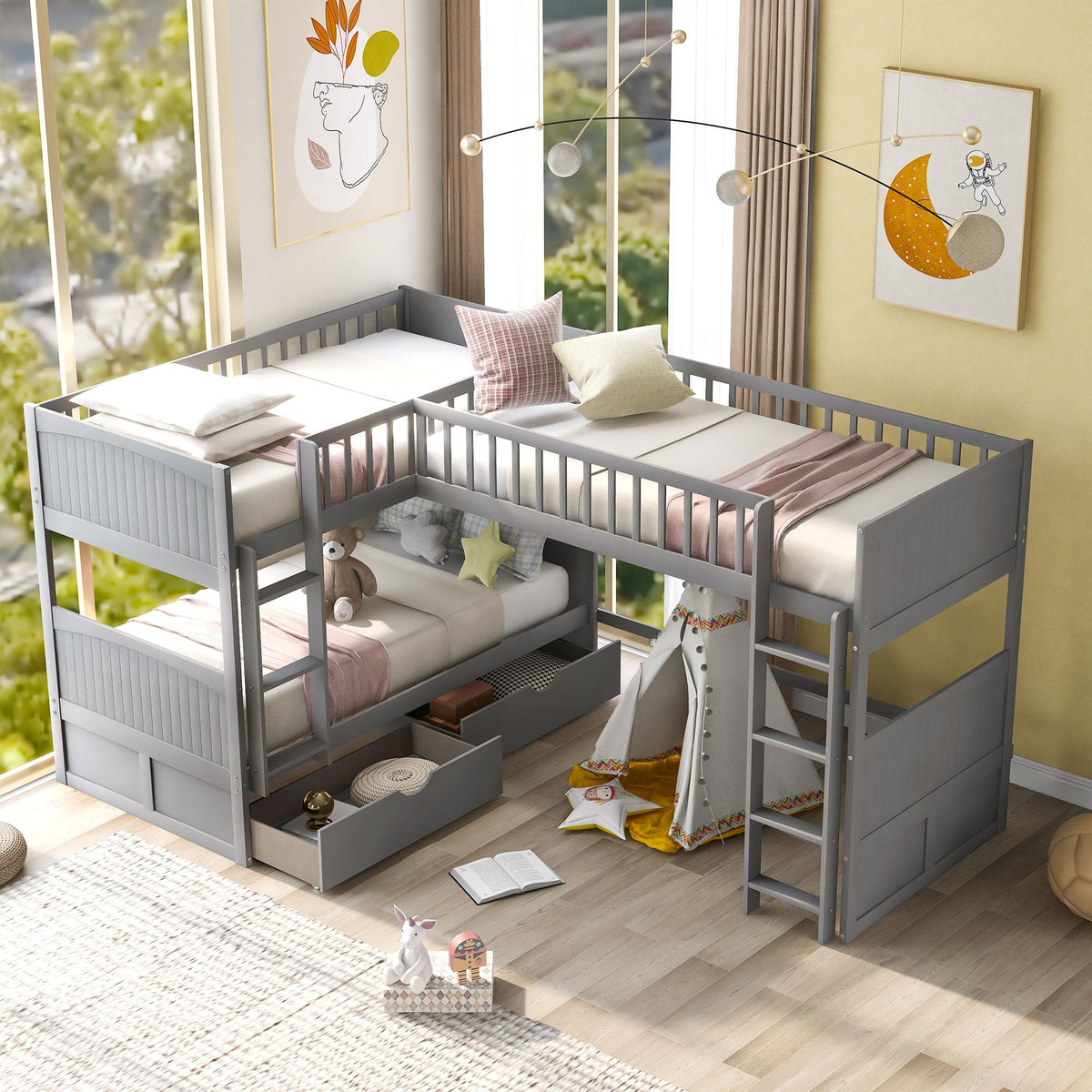 Gray Twin Bunk Bed with Loft and Under-Bed Drawers