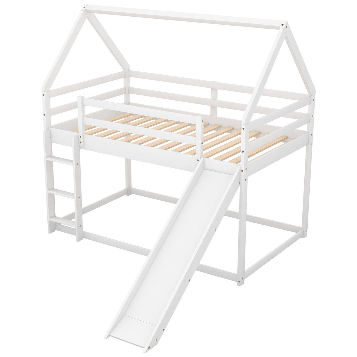 Twin House Bunk Bed with Slide and Ladder for Kids