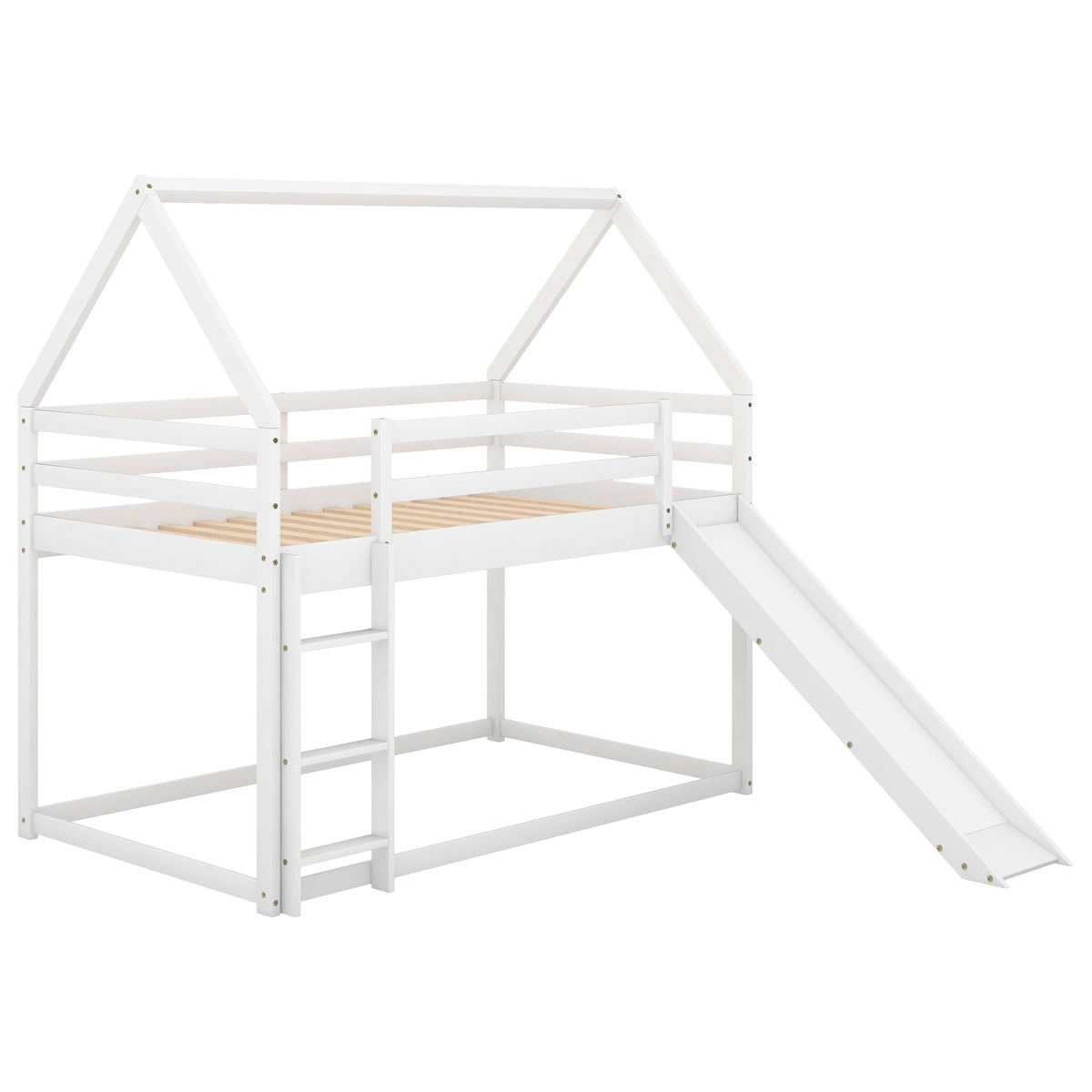 Twin House Bunk Bed with Slide and Ladder for Kids