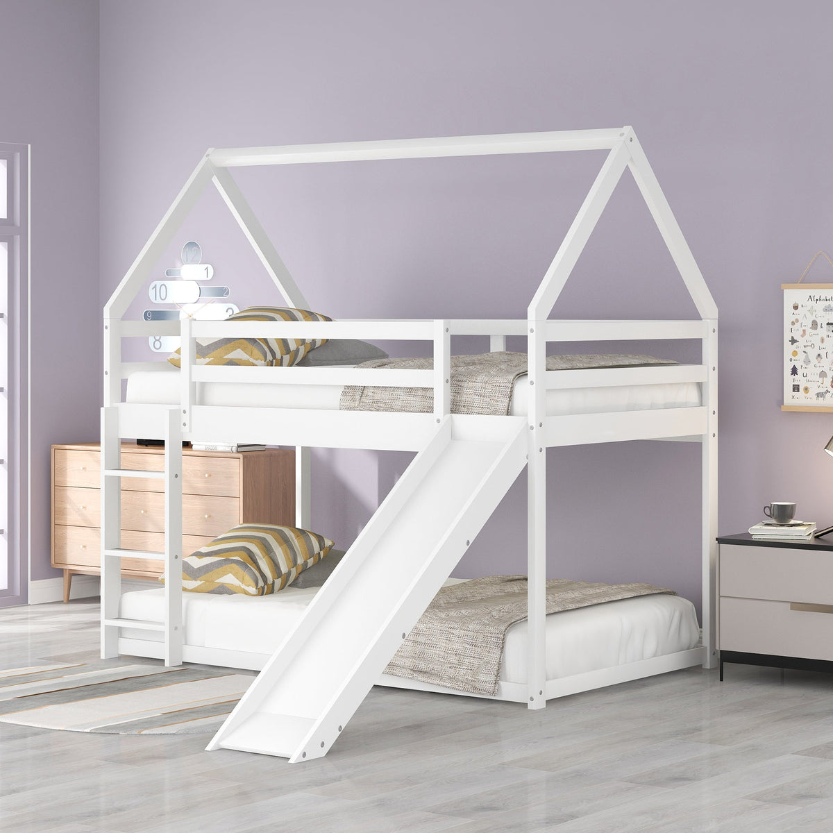 Twin House Bunk Bed with Slide and Ladder for Kids