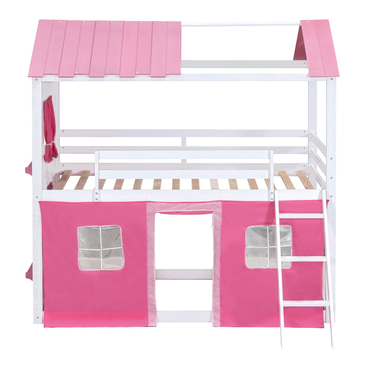 Pink Twin Bunk Bed House with Tent and Windows