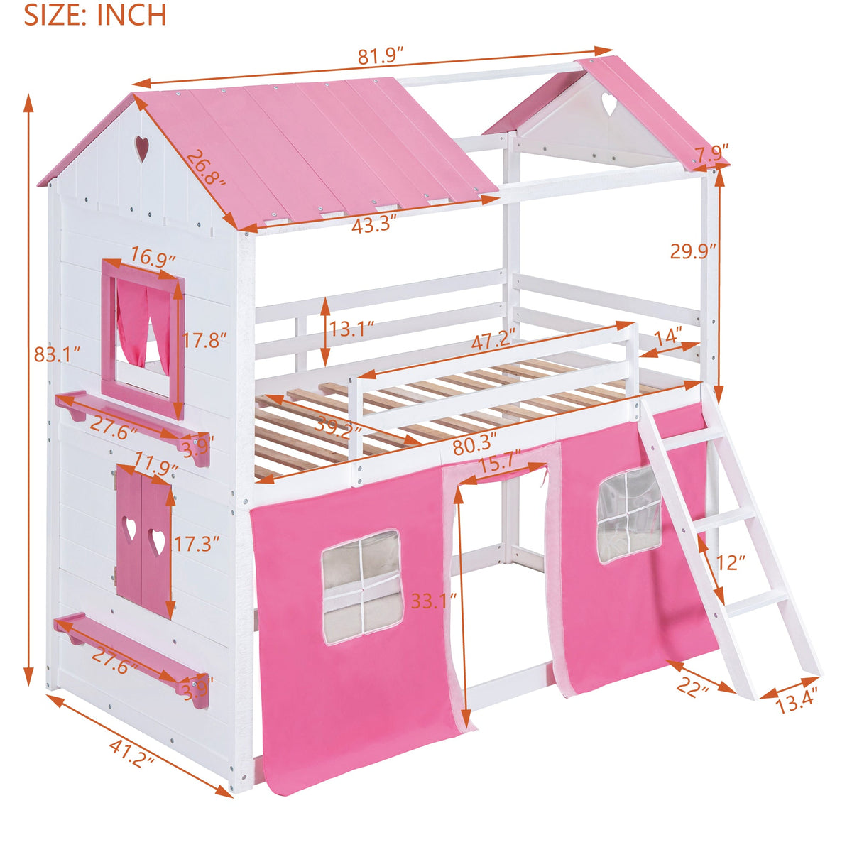 Pink Twin Bunk Bed House with Tent and Windows