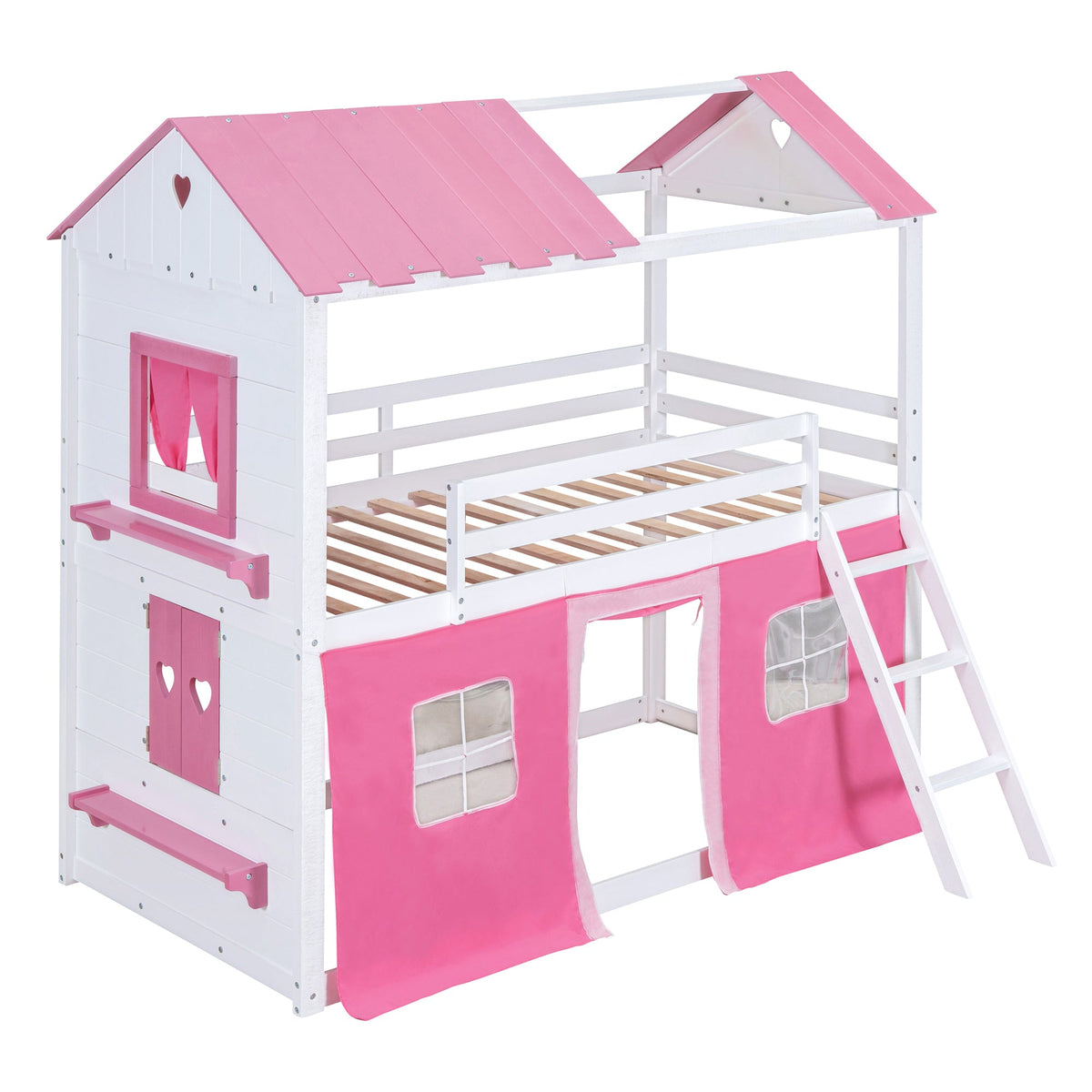 Pink Twin Bunk Bed House with Tent and Windows