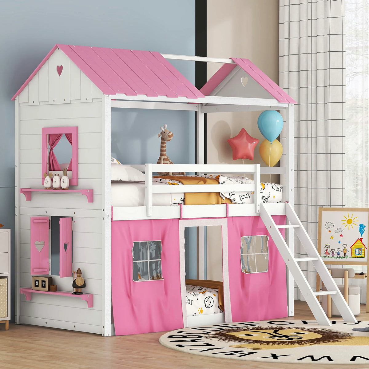 Pink Twin Bunk Bed House with Tent and Windows