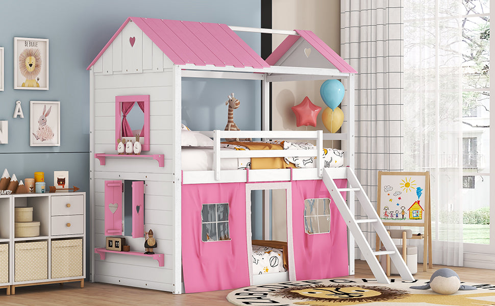 Pink Twin Bunk Bed House with Tent and Windows