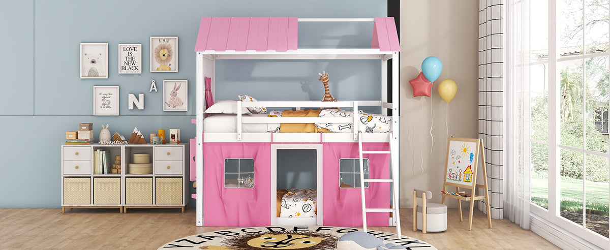 Pink Twin Bunk Bed House with Tent and Windows