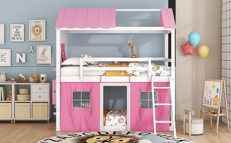 Pink Twin Bunk Bed House with Tent and Windows