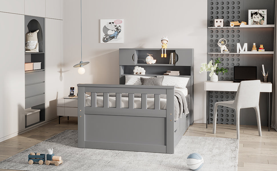 Twin Captain Platform Bed with Bookcase Headboard & Drawers