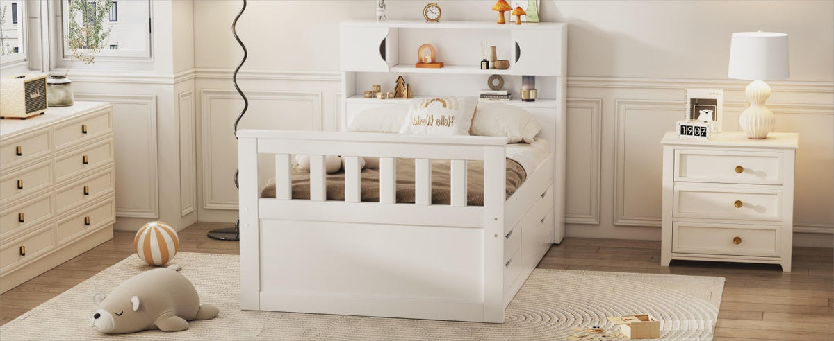 Twin Platform Bed with Bookcase Headboard and Drawers