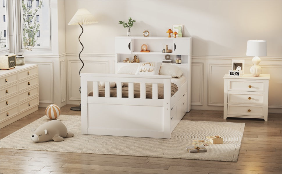 Twin Platform Bed with Bookcase Headboard and Drawers