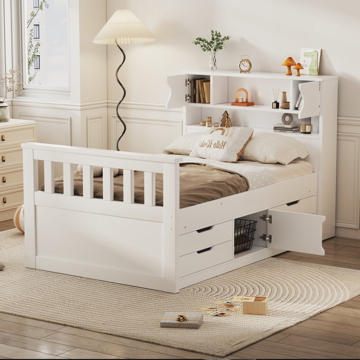Twin Platform Bed with Bookcase Headboard and Drawers