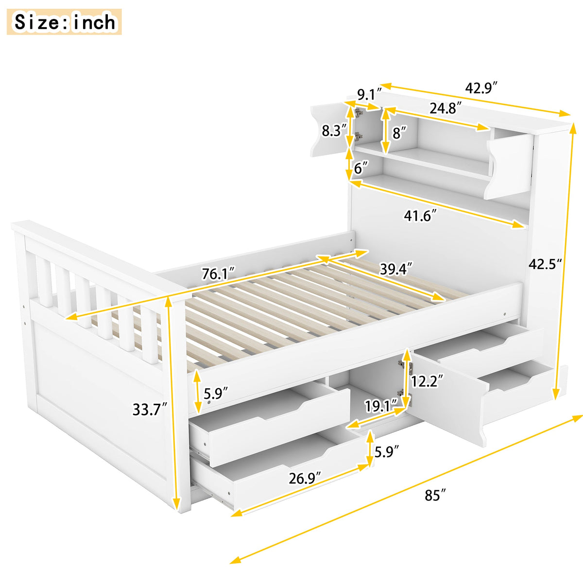 Twin Platform Bed with Bookcase Headboard and Drawers