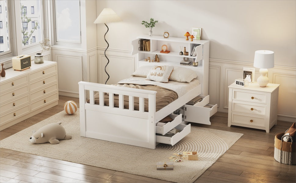 Twin Platform Bed with Bookcase Headboard and Drawers