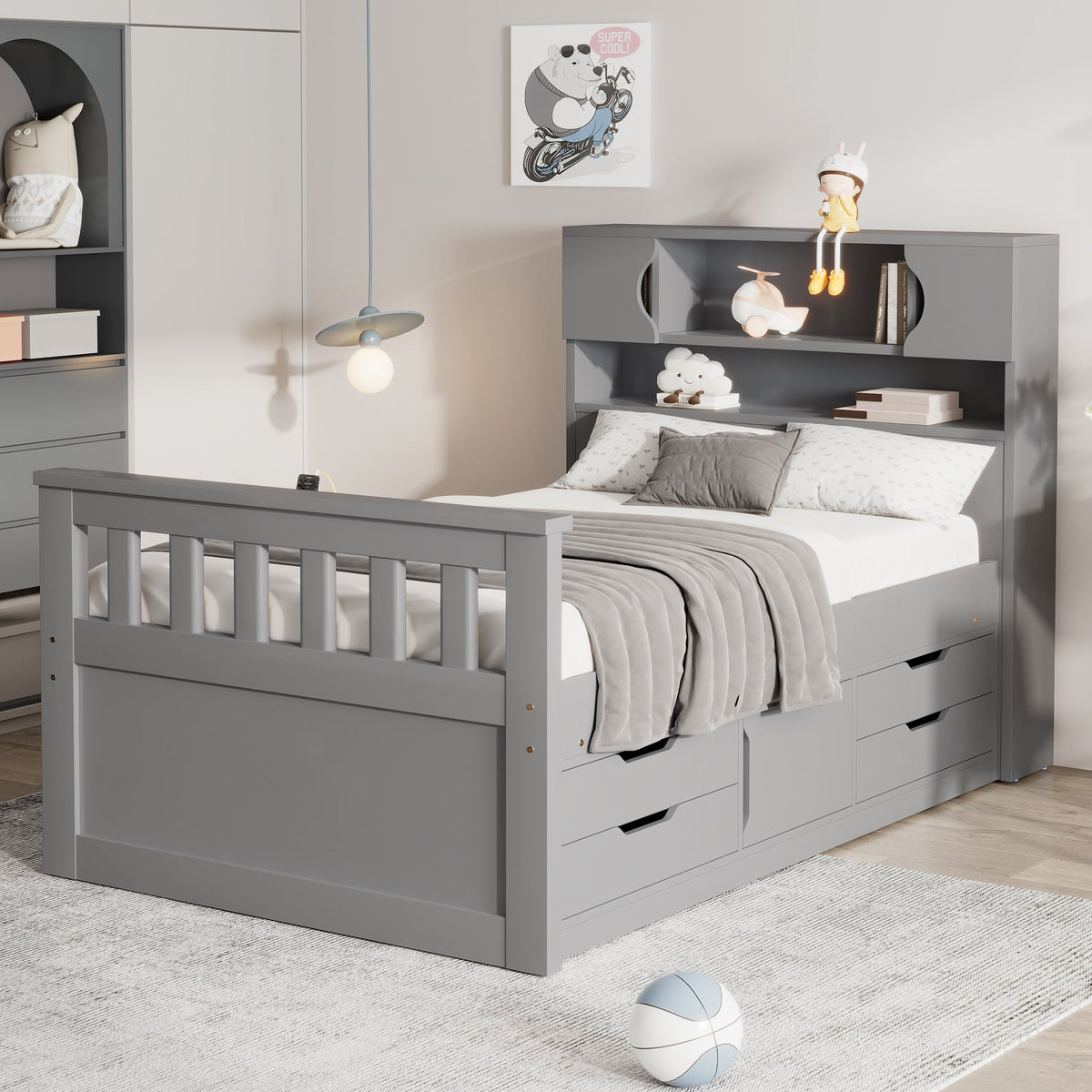 Twin Captain Platform Bed with Bookcase Headboard & Drawers