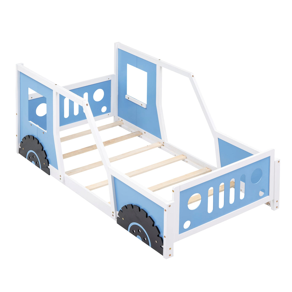 Twin Car Bed for Kids: Solid Wood Blue Vehicle Bed Frame