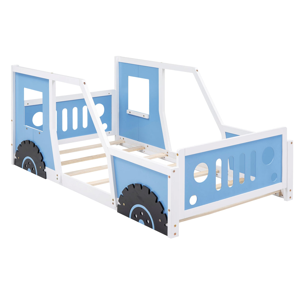 Twin Car Bed for Kids: Solid Wood Blue Vehicle Bed Frame