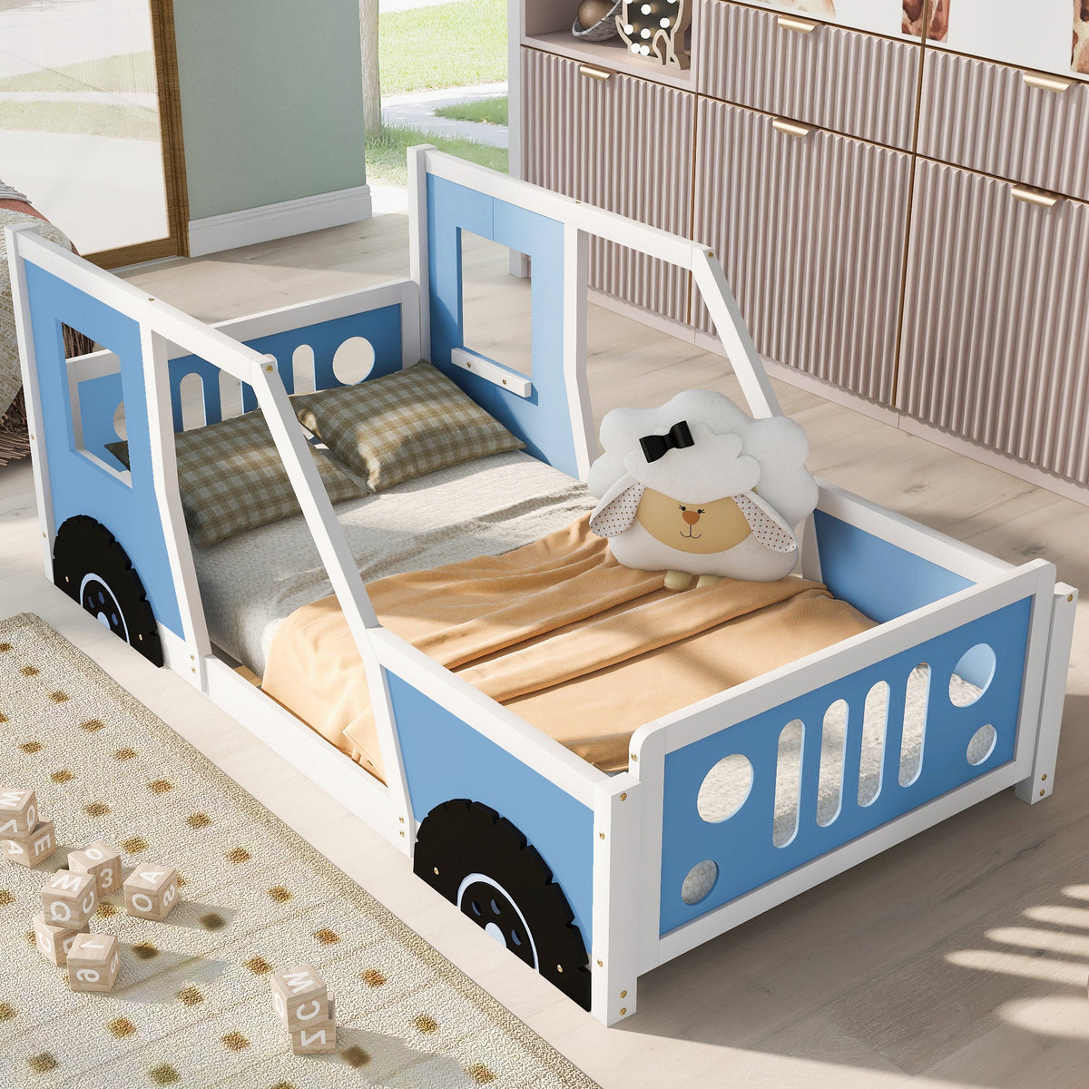 Twin Car Bed for Kids: Solid Wood Blue Vehicle Bed Frame