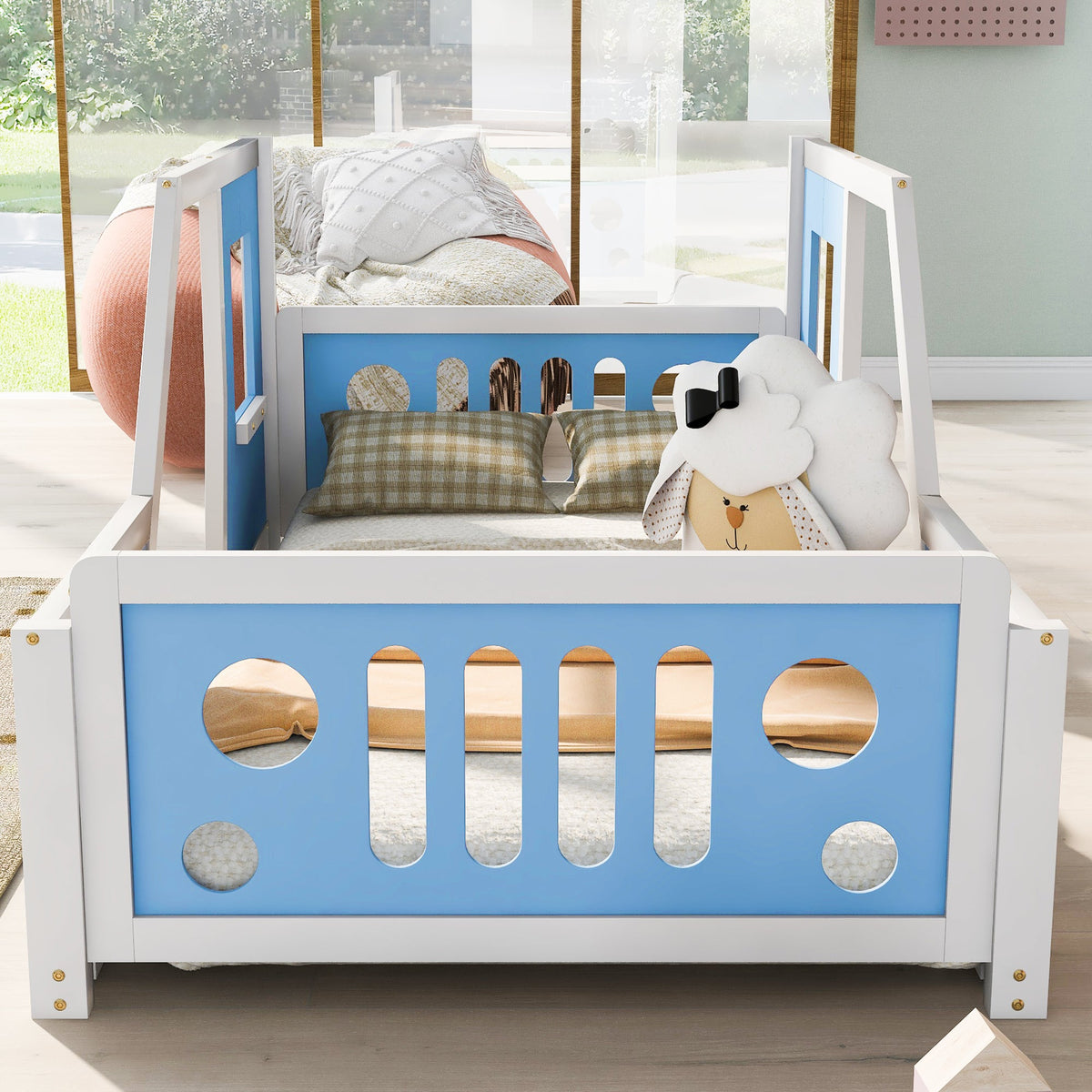 Twin Car Bed for Kids: Solid Wood Blue Vehicle Bed Frame