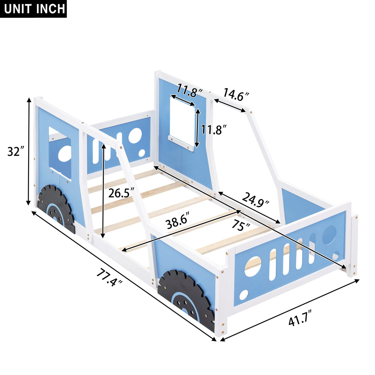 Twin Car Bed for Kids: Solid Wood Blue Vehicle Bed Frame