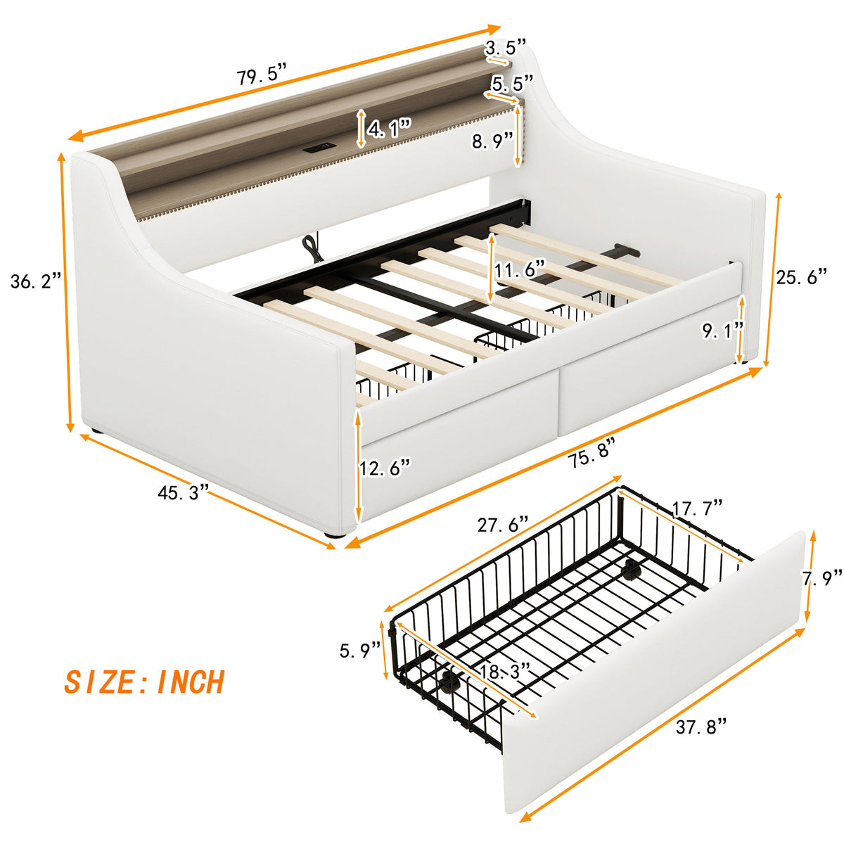 Twin Daybed with Drawers, Charging Station & LED Light