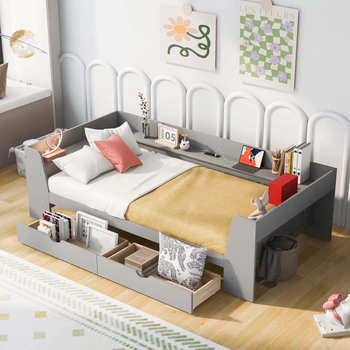 Twin Daybed with Drawers, Shelves & Charging Station