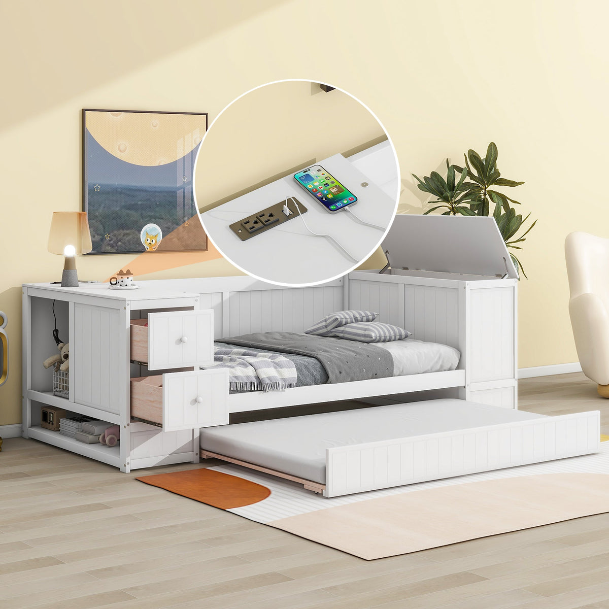 Twin Daybed with Trundle and Charging Station White
