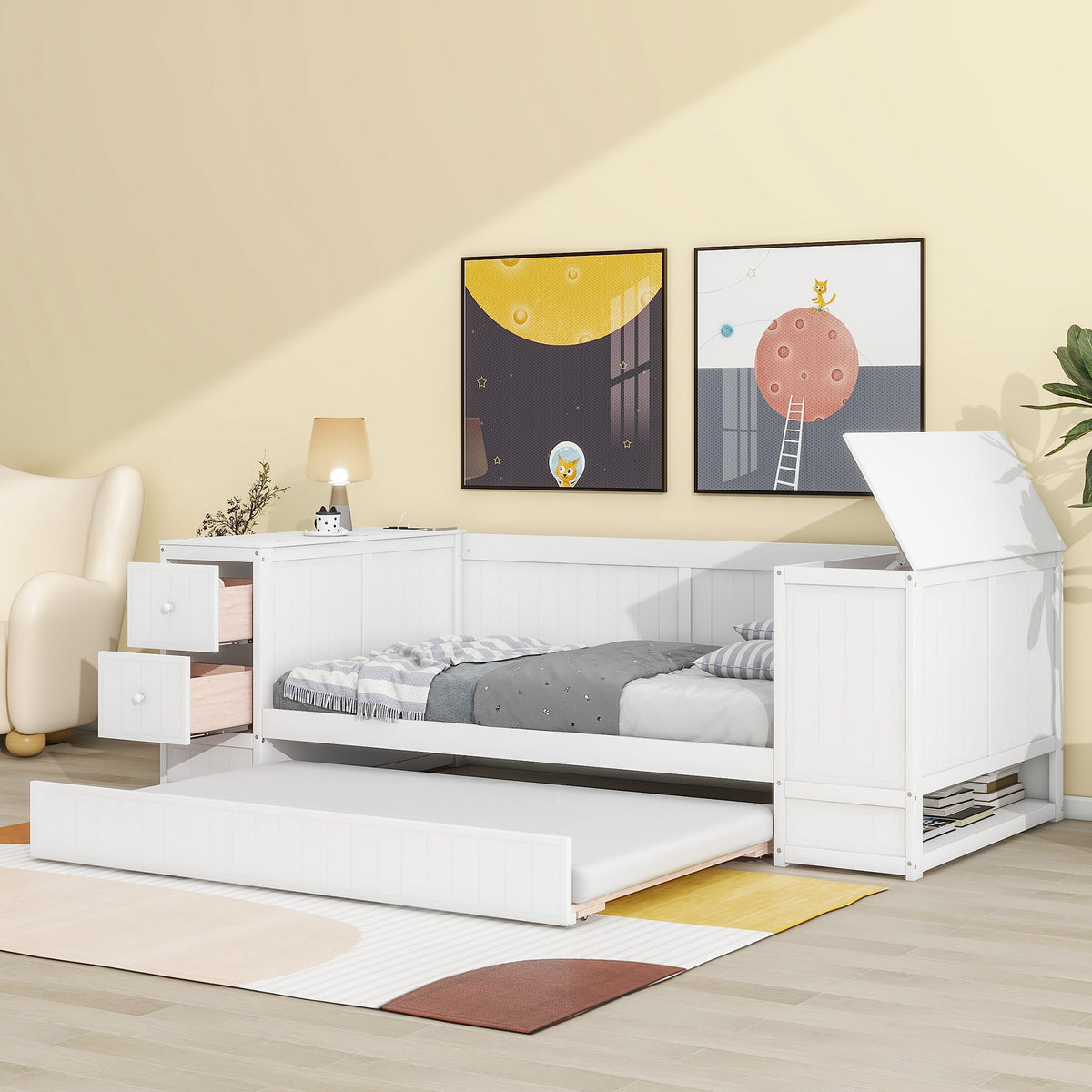 Twin Daybed with Trundle and Charging Station White