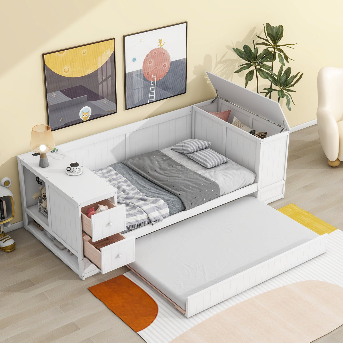 Twin Daybed with Trundle and Charging Station White