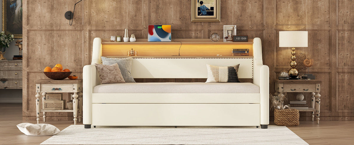Twin Daybed with Trundle, Charging Shelf & LED Lights
